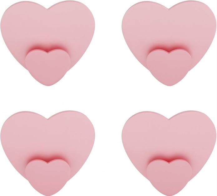 Self Adhesive Towel Hooks 4 Pack Pink Heart Shaped Wall Hooks, No Drill Stick on Hooks for Bathroom