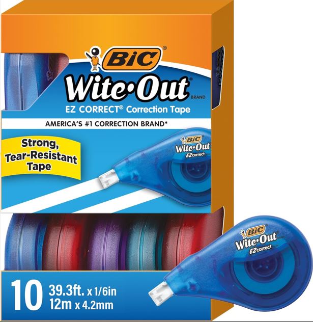 BIC Wite-Out EZ Correct Tear-Resistant Correction Tape with 39.3 ft of Tape, 10-Count Pack in White