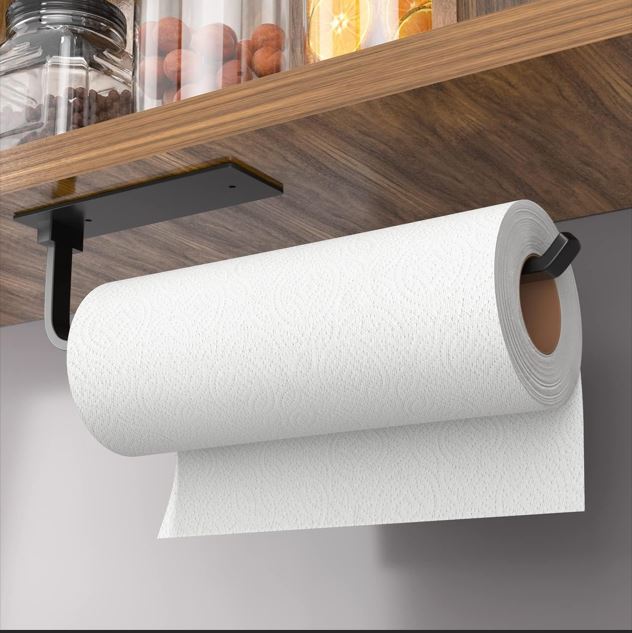Paper Towel Holder - Self-Adhesive or Drilling, Matte Black, Upgraded Aluminum Kitchen Roll Dispenser Under Cabinet, Lighter but Stronger Than Stainless Steel!