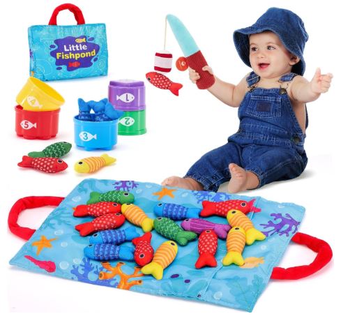 hahaland Montessori Toys for 1 Year Old Boy Girl Birthday Gift - 10 in 1 Cloth Fishing Game Valentines Day Gifts for Toddler Toys 1-3 with Stacking Cups - Number Counting, Color Sorting Learning